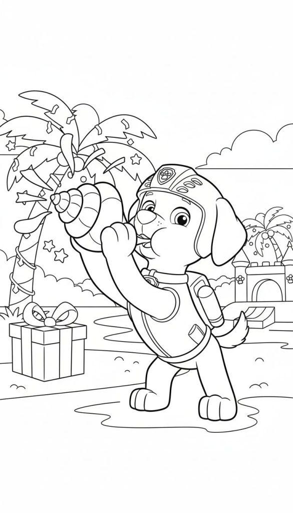 Ausmalbild von Zuma (Paw Patrol) am Strand, der in eine Seemuschel bläst. Im Hintergrund sind festlich geschmückte Palmen, ein Geschenk und ein Sandkastengebäude zu sehen.