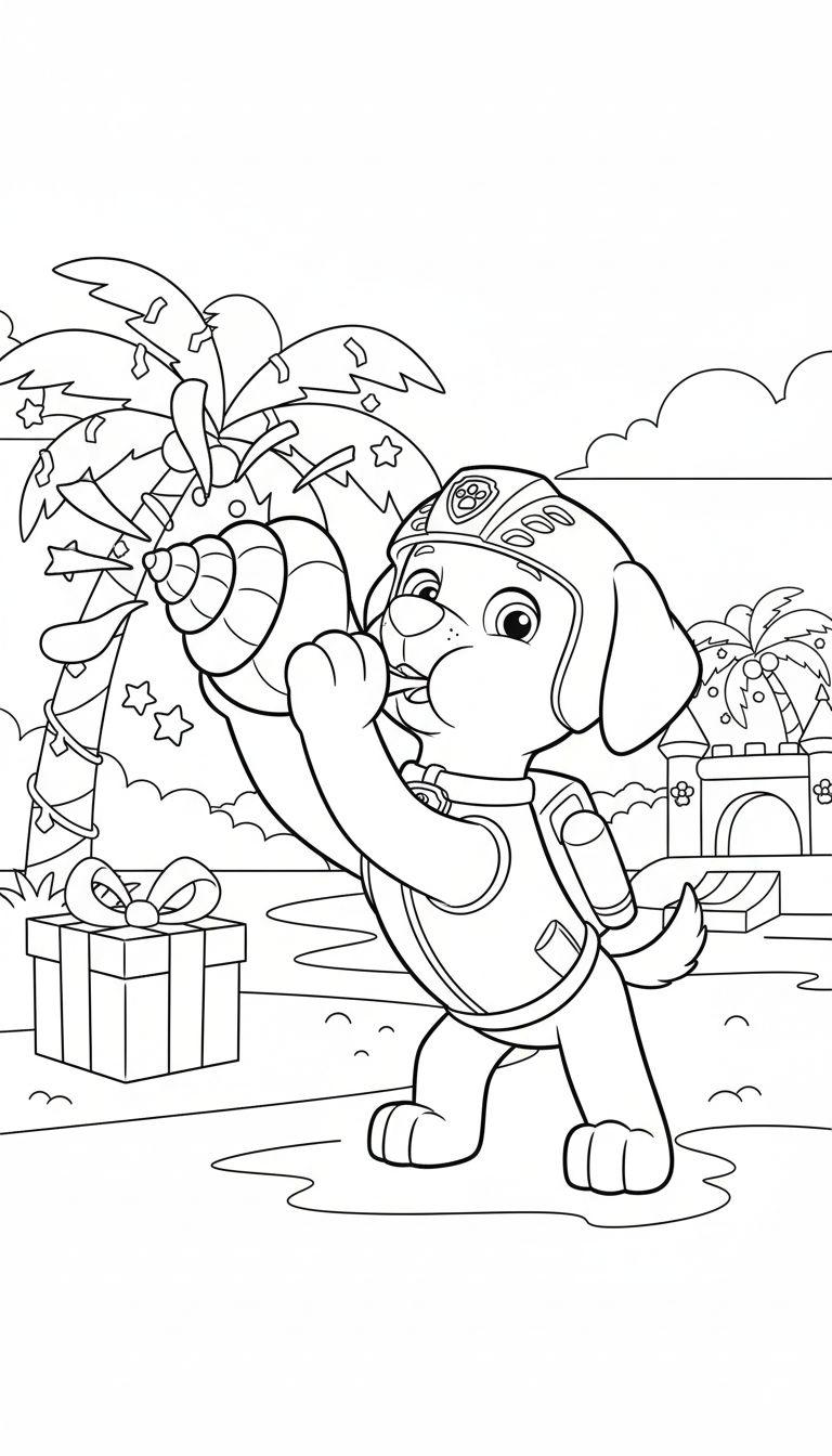 Ausmalbild von Zuma (Paw Patrol) am Strand, der in eine Seemuschel bläst. Im Hintergrund sind festlich geschmückte Palmen, ein Geschenk und ein Sandkastengebäude zu sehen.