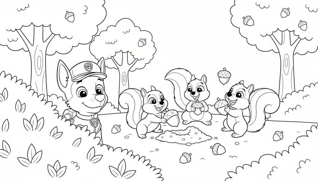 Ausmalbild von Chase von Paw Patrol, der lächelnd hinter Büschen hervorlugt, während vier Eichhörnchen im Wald Eicheln sammeln und vergraben. Waldszene mit vielen Bäumen und Blättern.