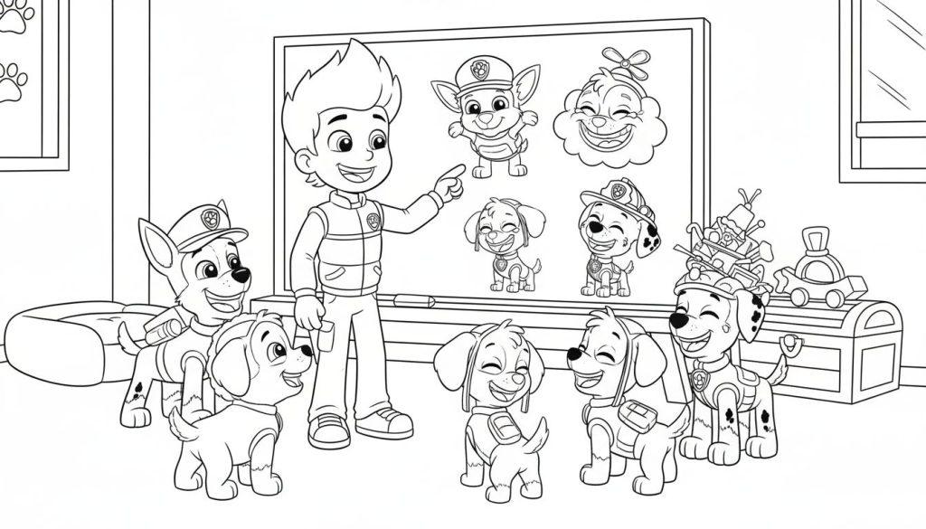 Paw Patrol Ausmalseite mit Ryder in der Mitte, umgeben von Chase, Skye, Rubble und Marshall, sowie einem Wandbild mit weiteren Welpen.