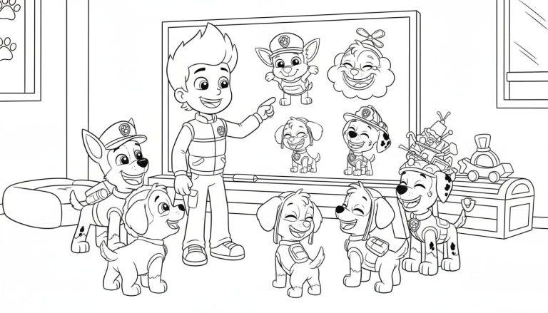 Paw Patrol Ausmalseite mit Ryder in der Mitte, umgeben von Chase, Skye, Rubble und Marshall, sowie einem Wandbild mit weiteren Welpen.