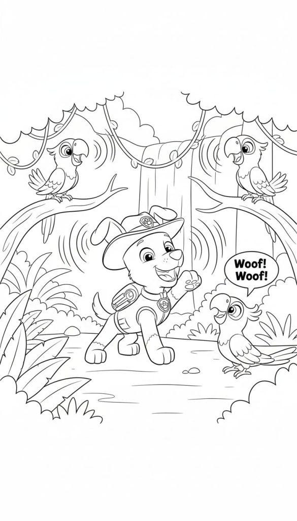 Ausmalbild von lachendem Tracker aus Paw Patrol mit Safarihut im Dschungel, umgeben von üppiger Vegetation, Lianen und vier Papageien, von denen einer auf dem Boden sitzend in einer Sprechblase "Woef! Woef!" ruft.