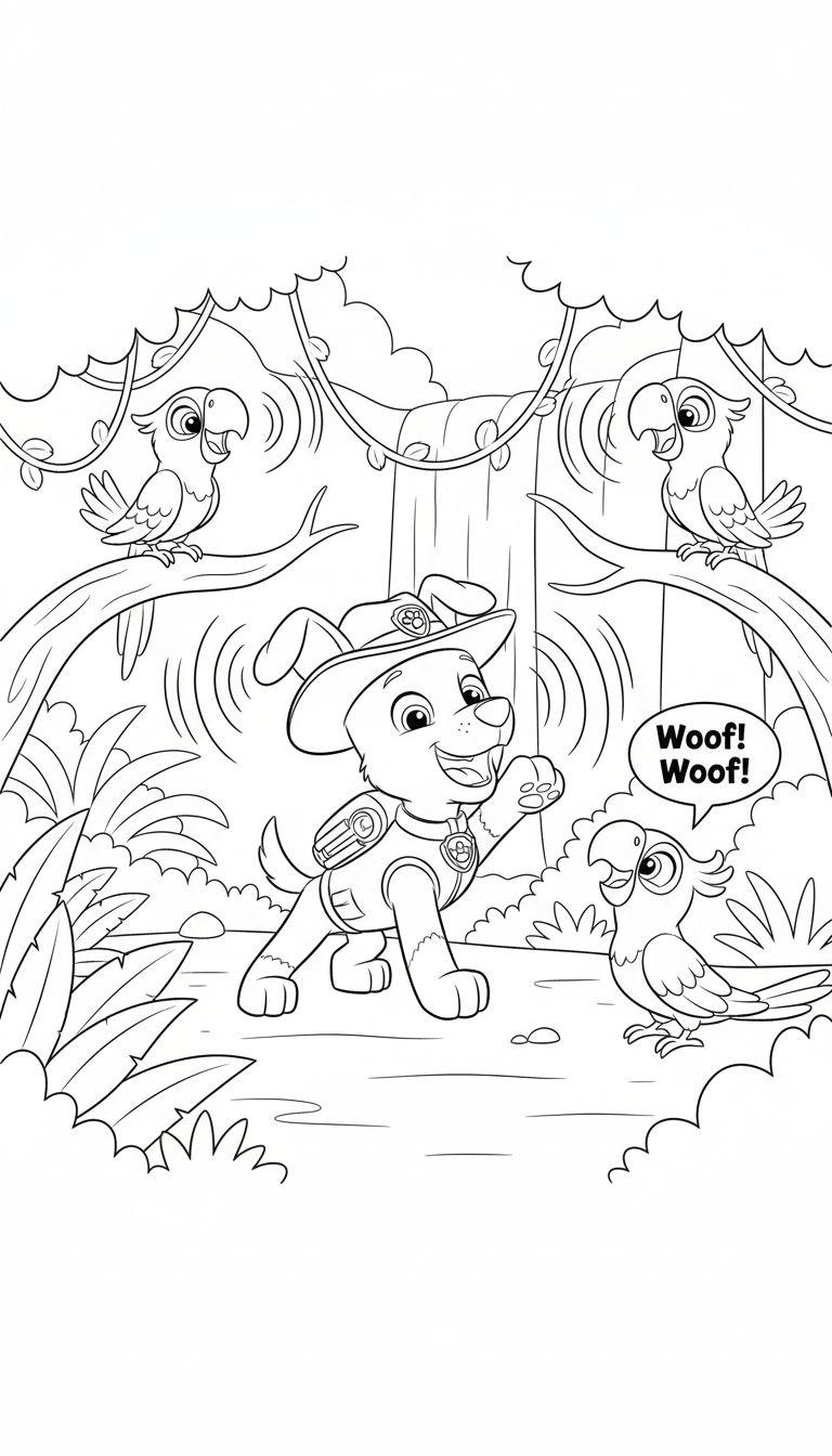 Ausmalbild von lachendem Tracker aus Paw Patrol mit Safarihut im Dschungel, umgeben von üppiger Vegetation, Lianen und vier Papageien, von denen einer auf dem Boden sitzend in einer Sprechblase "Woef! Woef!" ruft.