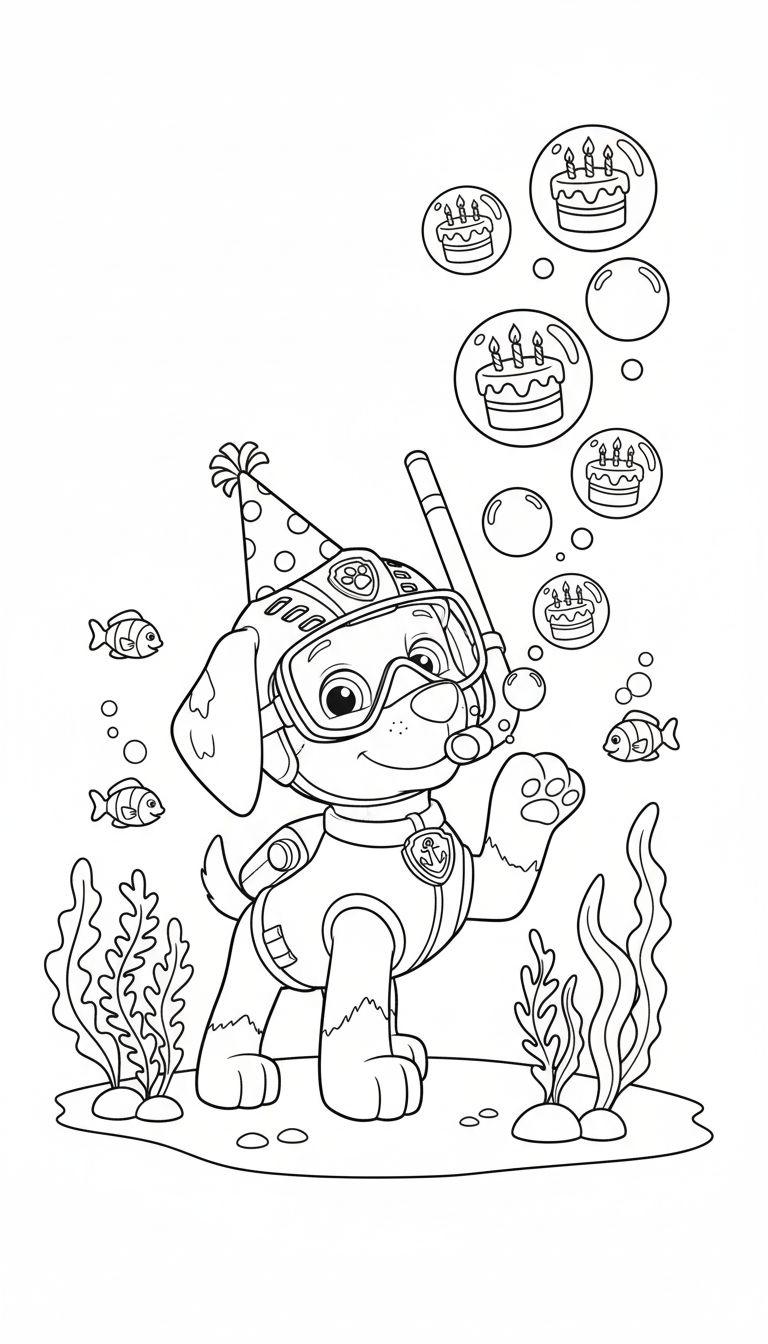 Schwarz-weißes Ausmalbild: Paw Patrol Hund Zuma in Tauchausrüstung und Partyhut feiert Unterwasser-Geburtstag mit Kuchen in Blasen und Fischen.
