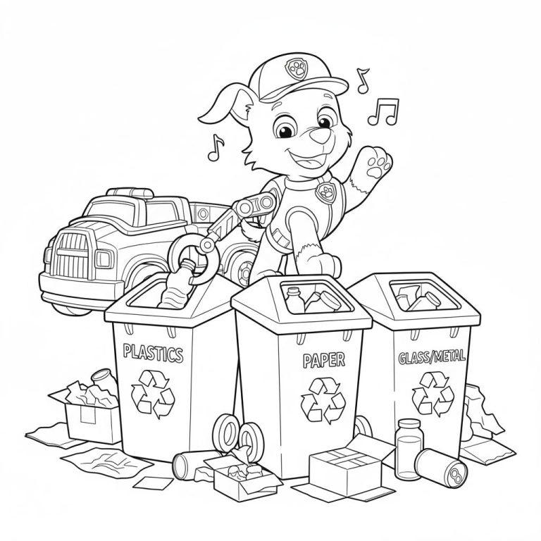 Schwarz-weiße Ausmalseite: Fröhlicher Cartoon-Hund Rocky mit mechanischem Arm sortiert Müll in drei Recyclingtonnen (Plastik, Papier, Glas/Metall); Müll und Lastwagen im Hintergrund.