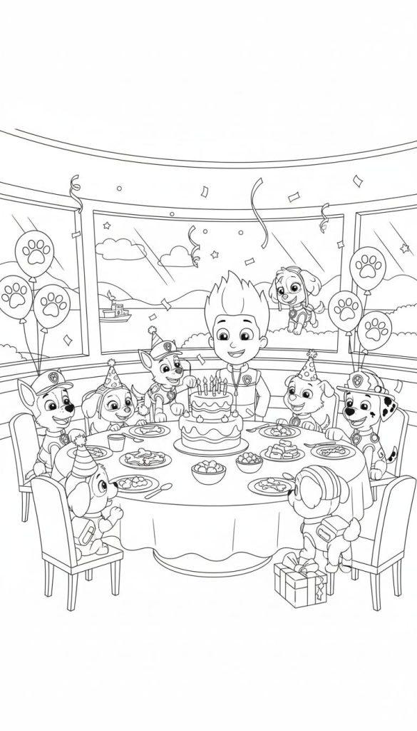 Paw Patrol Geburtstagsparty Ausmalbild: Ryder feiert mit seinen Pups Chase, Marshall, Rubble, Rocky, Zuma und der fliegenden Skye um eine Geburtstagstorte in einem festlich geschmückten Raum mit Fenstern zum Meer.