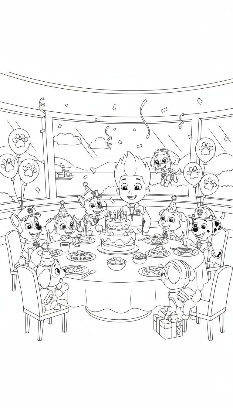 Paw Patrol Geburtstagsparty Ausmalbild: Ryder feiert mit seinen Pups Chase, Marshall, Rubble, Rocky, Zuma und der fliegenden Skye um eine Geburtstagstorte in einem festlich geschmückten Raum mit Fenstern zum Meer.