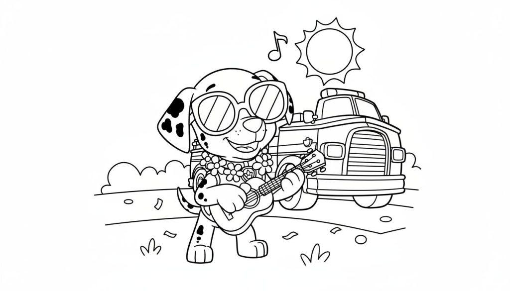 Ausmalbild: Marshall von Paw Patrol mit Sonnenbrille, Blumenkette und Ukulele vor seinem Feuerwehrtruck, Sonne und Musiknote im Hintergrund.