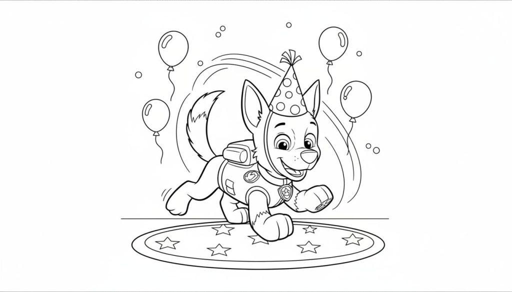 Ausmalbild von Chase aus Paw Patrol mit Partyhut, Ballons und Sternen auf einem Teppich, feierliche Stimmung.