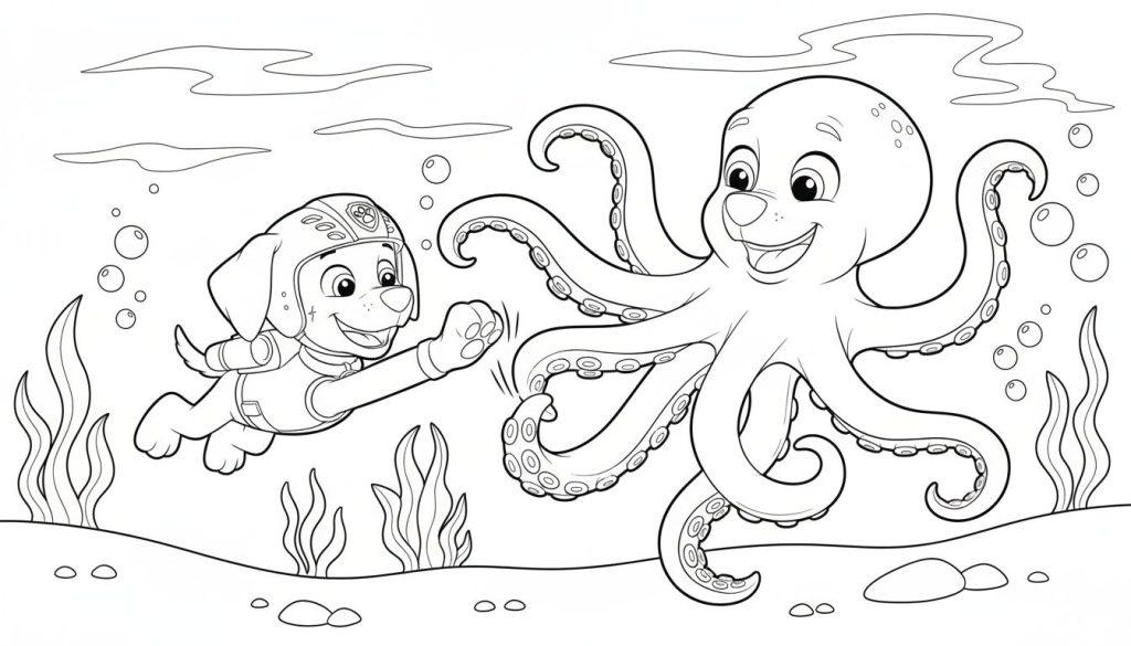 Malvorlage: Cartoon-Hund Zuma in Taucherausrüstung gibt lachendem Oktopus einen High-Five unter Wasser, umgeben von Blasen und Meerespflanzen.