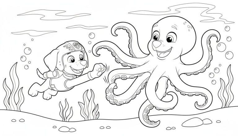 Malvorlage: Cartoon-Hund Zuma in Taucherausrüstung gibt lachendem Oktopus einen High-Five unter Wasser, umgeben von Blasen und Meerespflanzen.