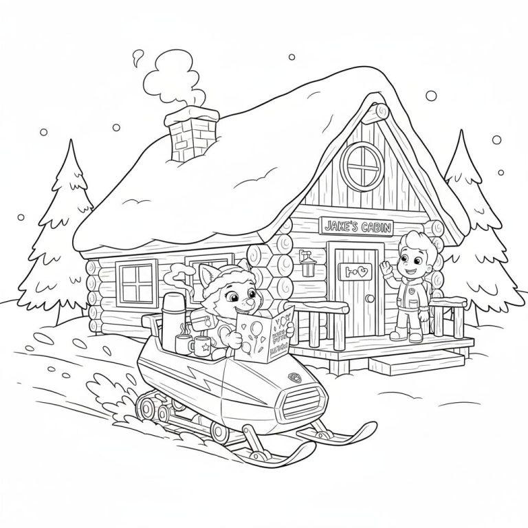 Ausmalbild: Winterlandschaft mit Jakes Hütte, winkendem Jungen (Ryder-ähnlich) auf der Veranda und einem Tier (Tracker-ähnlich) auf Schneemobil, mit Schneespuren und Tannenbäumen.