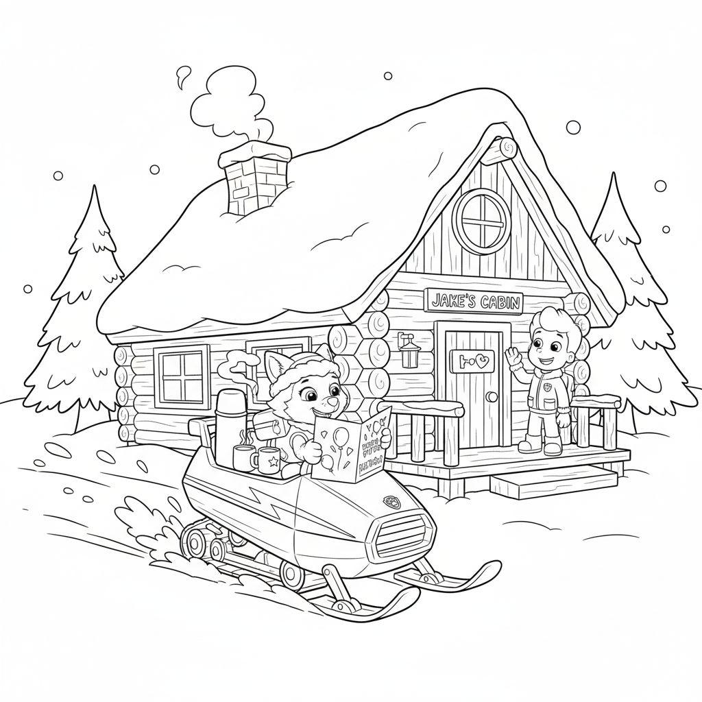 Ausmalbild: Winterlandschaft mit Jakes Hütte, winkendem Jungen (Ryder-ähnlich) auf der Veranda und einem Tier (Tracker-ähnlich) auf Schneemobil, mit Schneespuren und Tannenbäumen.