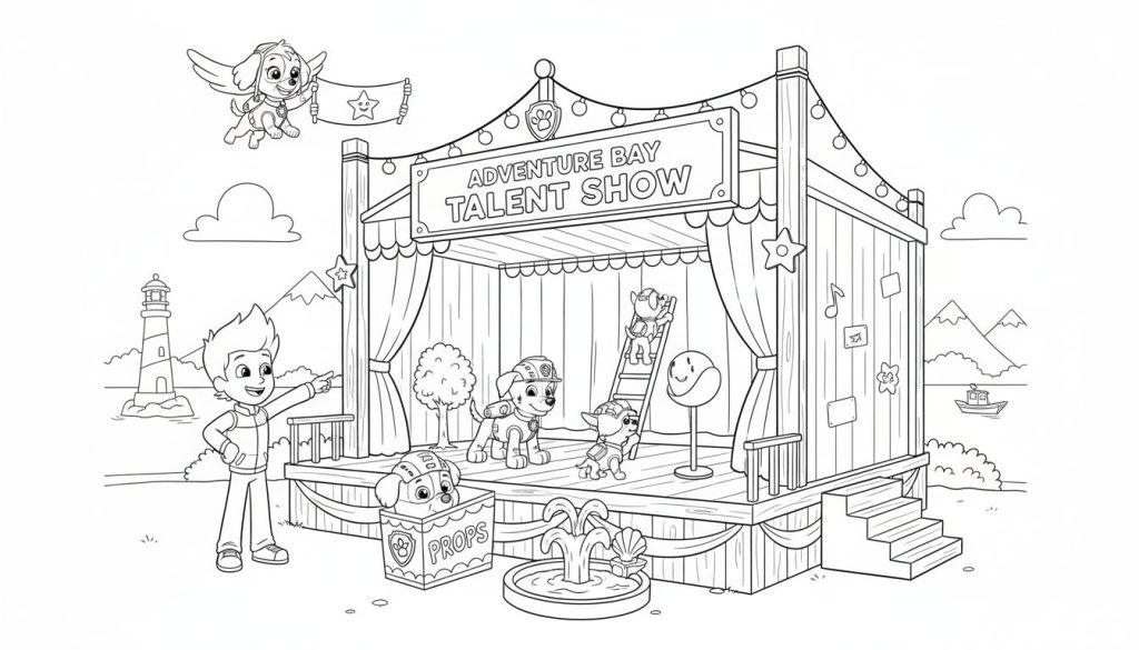 Schwarz-Weiß-Ausmalseite von der Paw Patrol Talentshow: Ryder zeigt auf das Podium, wo Marshall, Rocky und Chase auftreten. Skye fliegt mit einem Sternenbanner. Rubble sitzt bei Requisiten. Im Hintergrund sind ein Leuchtturm und Berge zu sehen.
