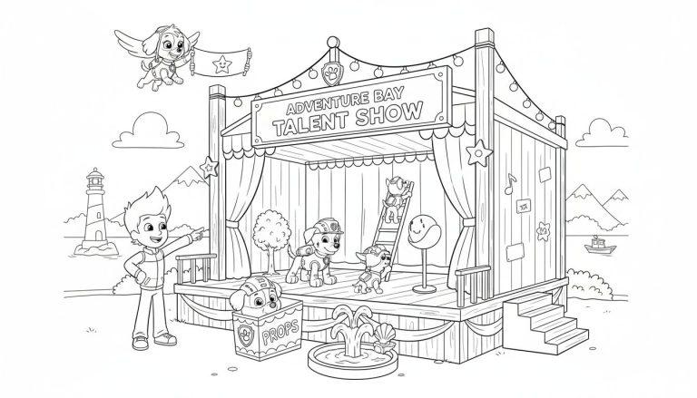 Schwarz-Weiß-Ausmalseite von der Paw Patrol Talentshow: Ryder zeigt auf das Podium, wo Marshall, Rocky und Chase auftreten. Skye fliegt mit einem Sternenbanner. Rubble sitzt bei Requisiten. Im Hintergrund sind ein Leuchtturm und Berge zu sehen.