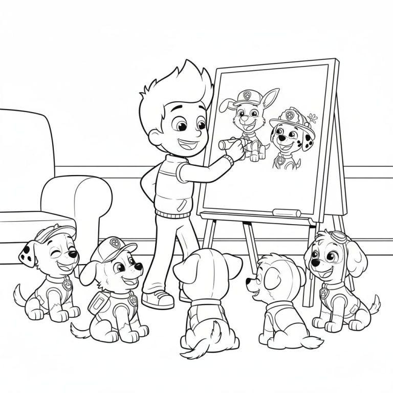 Ryder von Paw Patrol zeichnet auf einer Staffelei, umgeben von seinen aufmerksamen Paw Patrol Welpen. Ausmalbild.