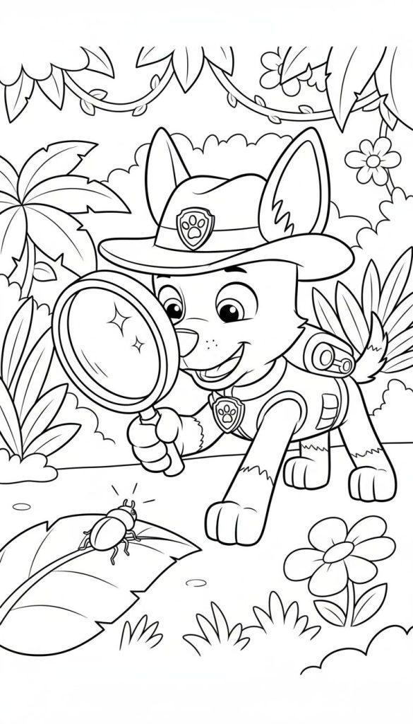Schwarz-Weiß-Ausmalbild von Tracker (Paw Patrol) im Dschungel, der mit einer Lupe einen Käfer auf einem Blatt betrachtet.