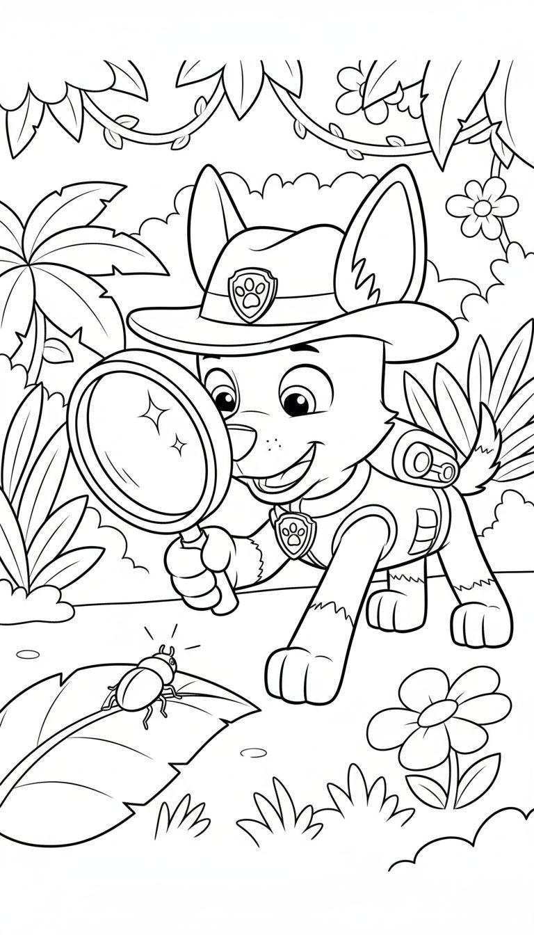 Schwarz-Weiß-Ausmalbild von Tracker (Paw Patrol) im Dschungel, der mit einer Lupe einen Käfer auf einem Blatt betrachtet.