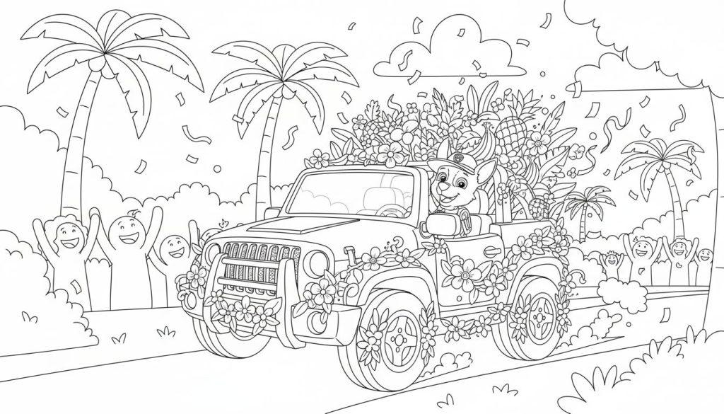 Ausmalbild einer festlichen tropischen Parade mit Tracker von Paw Patrol am Steuer eines blumengeschmückten Jeeps, umgeben von Palmen, jubelnden Menschen, Konfetti und tropischen Pflanzen.