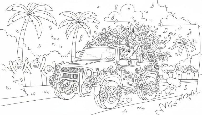 Ausmalbild einer festlichen tropischen Parade mit Tracker von Paw Patrol am Steuer eines blumengeschmückten Jeeps, umgeben von Palmen, jubelnden Menschen, Konfetti und tropischen Pflanzen.