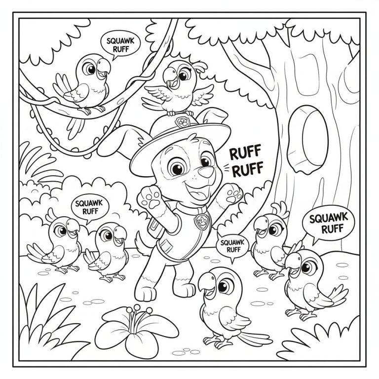 Schwarz-Weiß-Ausmalbild von Tracker aus Paw Patrol in einem Safarihut, der lachend von sieben fröhlichen Dschungelvögeln und üppigen Pflanzen umgeben ist, mit Textballons "RUFF RUFF" und "SQUAWK RUFF".