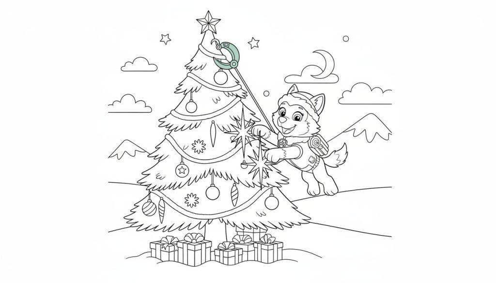 Ausmalbild: Der Hund Everest schmückt einen Weihnachtsbaum in einer winterlichen Berglandschaft mit Geschenken und Sternen.