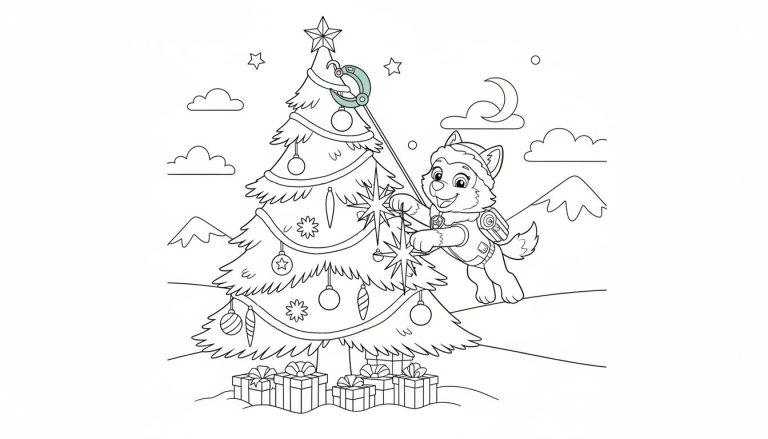 Ausmalbild: Der Hund Everest schmückt einen Weihnachtsbaum in einer winterlichen Berglandschaft mit Geschenken und Sternen.