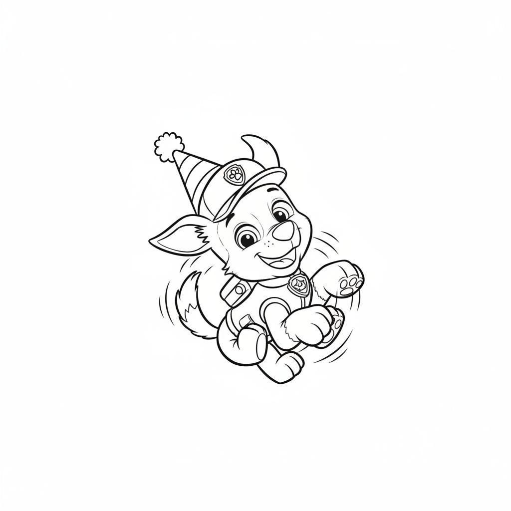 Schwarz-weiß-Linienzeichnung von Chase von Paw Patrol, der fröhlich springt und eine gestreifte Partyhut mit Pfotenabdrücke-Emblem trägt.