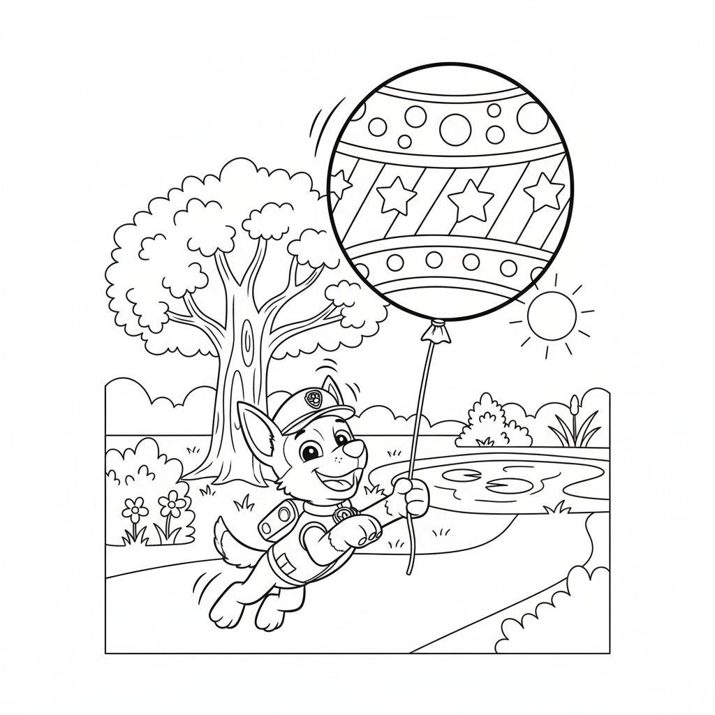 Ausmalbild: Fröhlicher Chase von Paw Patrol mit Polizeimütze, schwebt mit einem gemusterten Ballon über eine Wiese mit Baum, Teich und Sonne.