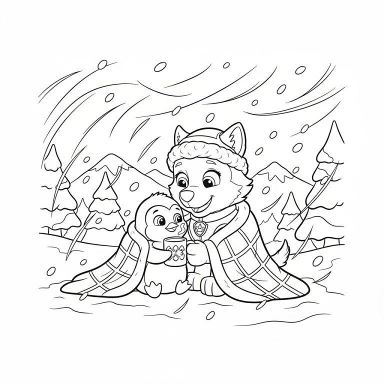 Malvorlage: Ein lächelnder Husky-Hund mit Wintermütze umarmt einen glücklichen Pinguin unter einer karierten Decke, während der Pinguin eine dampfende Tasse hält. Im verschneiten Winterwald mit Bergen und Tannen schneit es leicht.