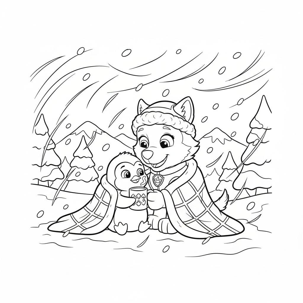 Malvorlage: Ein lächelnder Husky-Hund mit Wintermütze umarmt einen glücklichen Pinguin unter einer karierten Decke, während der Pinguin eine dampfende Tasse hält. Im verschneiten Winterwald mit Bergen und Tannen schneit es leicht.