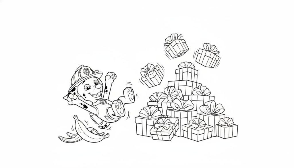 Schwarz-Weiß-Ausmalseite von Marshall aus Paw Patrol, der rückwärts über eine Bananenschale stolpert. Er trägt seine Feuerwehruniform und Helm, seine Arme und Beine sind in der Luft. Rechts daneben ist ein großer Stapel Geschenke zu sehen, und weitere Geschenke fallen durch die Luft.
