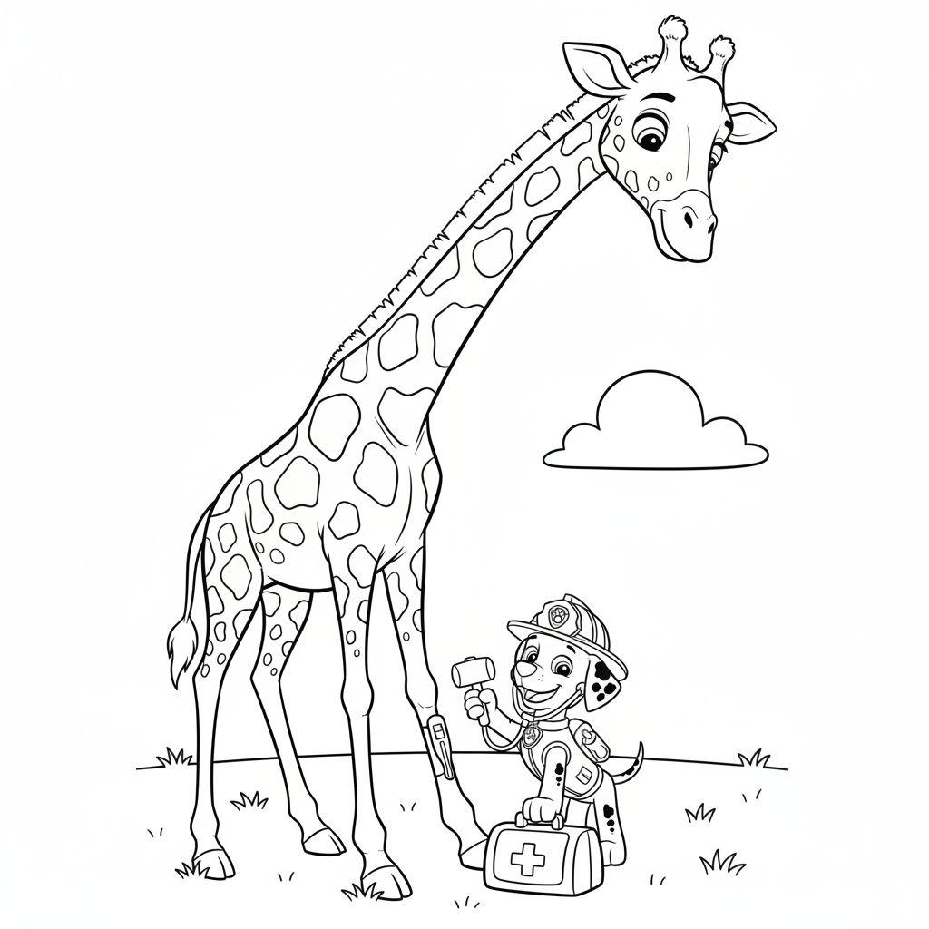 Ausmalbild mit großer Giraffe und dem Paw Patrol Hund Marshall in Feuerwehrausrüstung mit Erste-Hilfe-Koffer. Im Hintergrund Gras und Wolke.