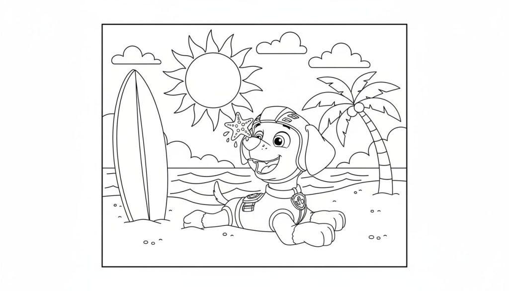 Malvorlage: Zuma von Paw Patrol am Strand liegend, balanciert einen Seestern auf seiner Nase. Im Hintergrund sind Sonne, Meer, ein Surfbrett und eine Palme zu sehen.