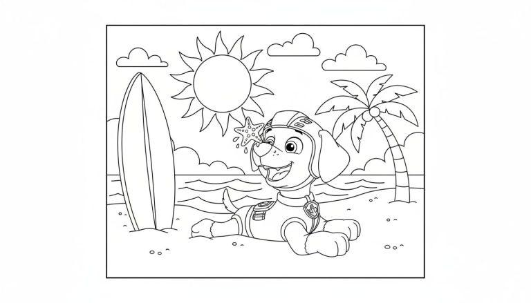 Malvorlage: Zuma von Paw Patrol am Strand liegend, balanciert einen Seestern auf seiner Nase. Im Hintergrund sind Sonne, Meer, ein Surfbrett und eine Palme zu sehen.