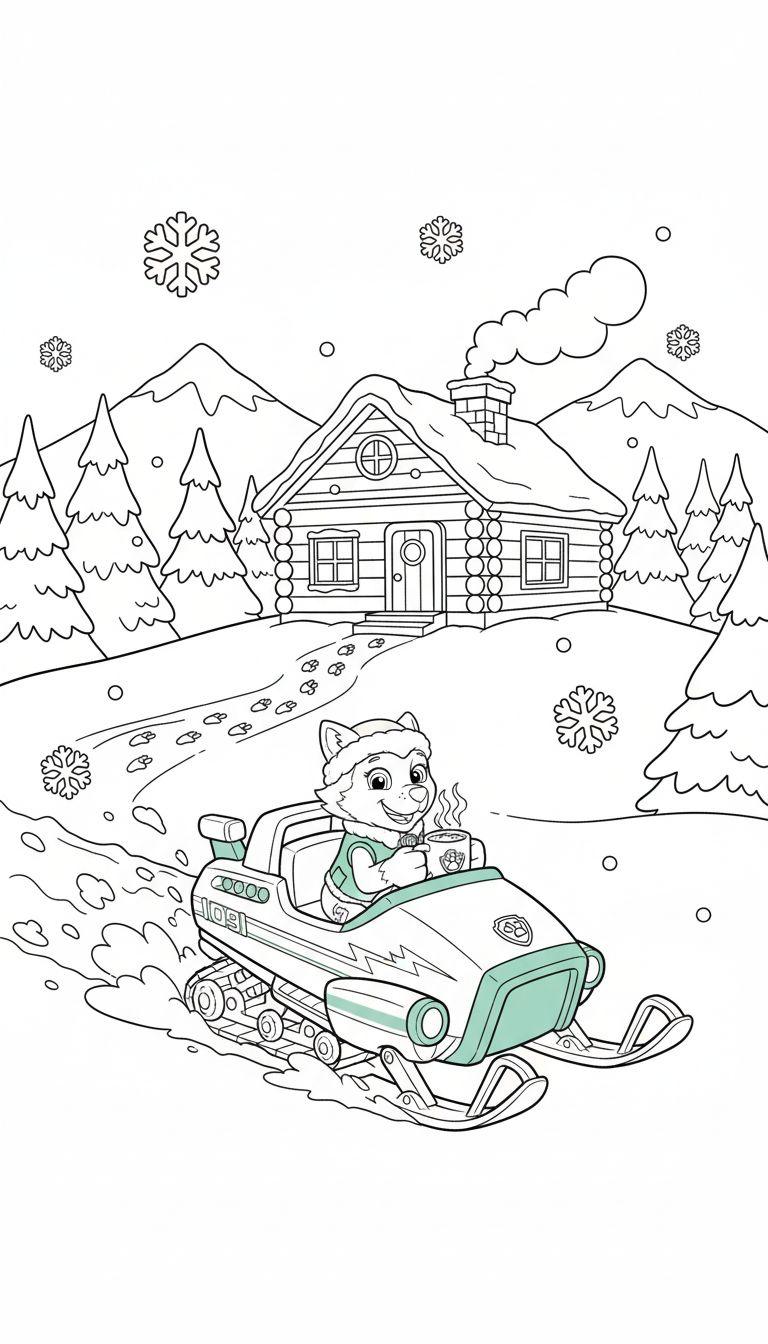 Malvorlage: Niedlicher Husky-Welpe auf Schneemobil in verschneiter Winterlandschaft mit Blockhütte, Bergen und fallenden Schneeflocken.
