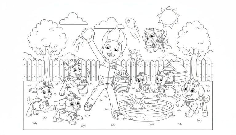 Ausmalbild von Ryder und den Paw Patrol Pups, die lachend und fröhlich eine Wasserballonschlacht im sonnigen Garten veranstalten, mit Skye fliegend und den anderen Pups auf dem Gras spielend.