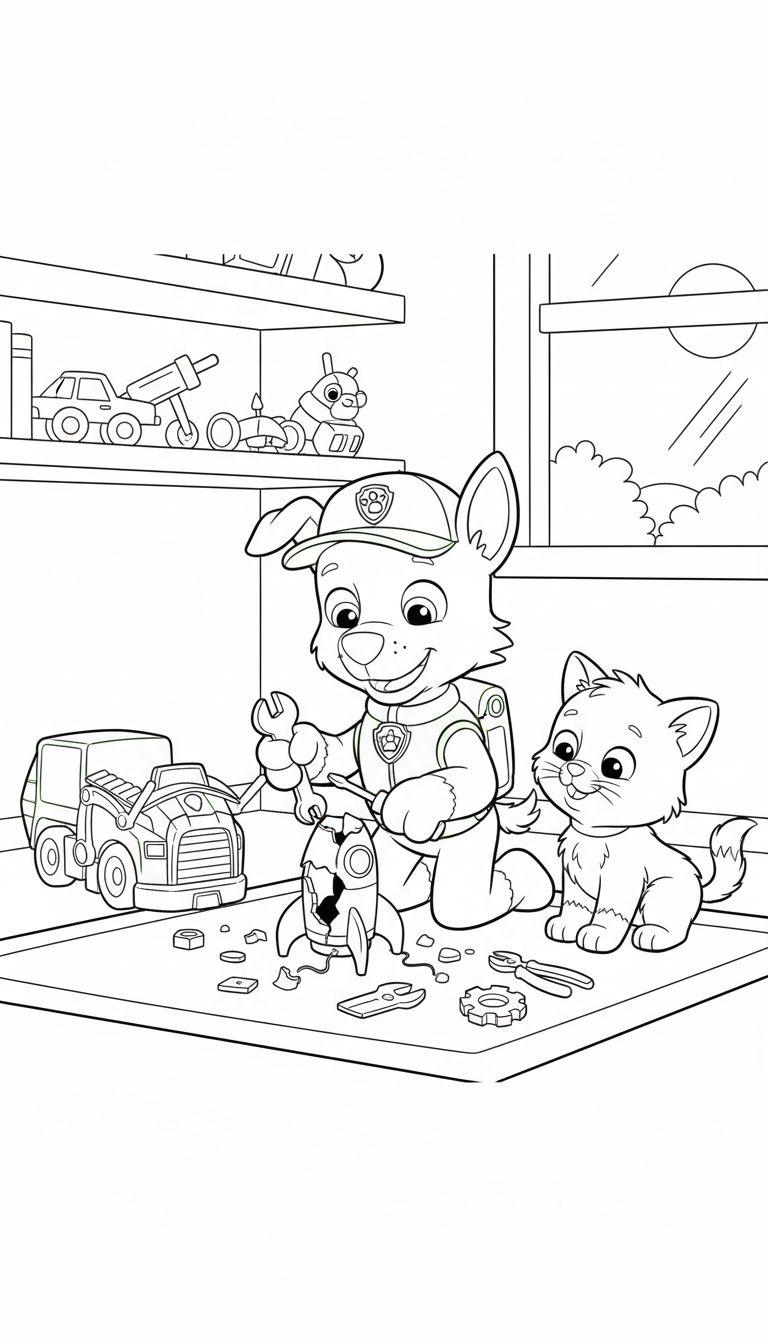 Ausmalbild: Rocky-ähnlicher Hund in Weste und Kappe repariert Spielzeugrakete mit Schraubenschlüssel und Schraubendreher; daneben schaut eine Katze zu. Werkbank mit Werkzeugen und Spielzeug. Regal mit Büchern und Spielzeug, Fenster mit Landschaft im Hintergrund.