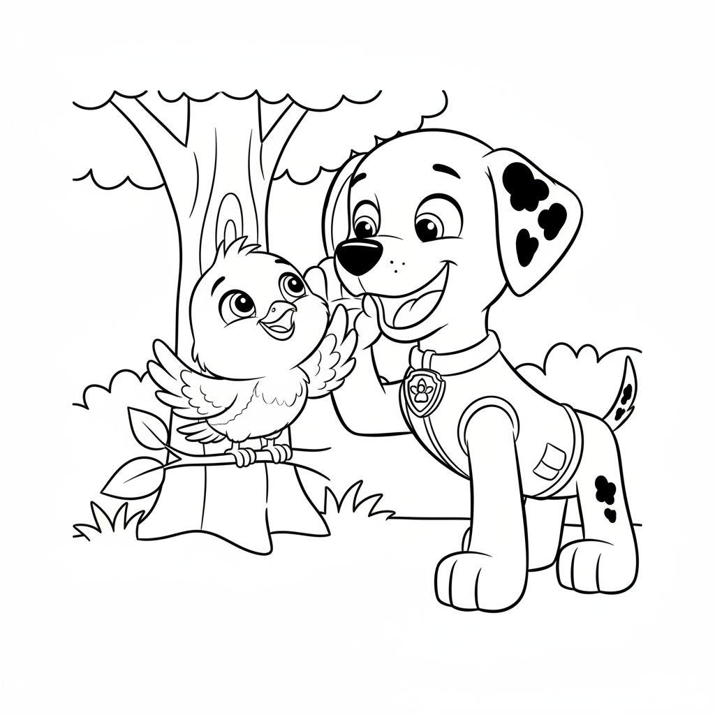 Marshall von Paw Patrol in seinem Feuerwehrouniform begrüßt einen kleinen Vogel auf einem Baumstamm auf einer Malvorlage.