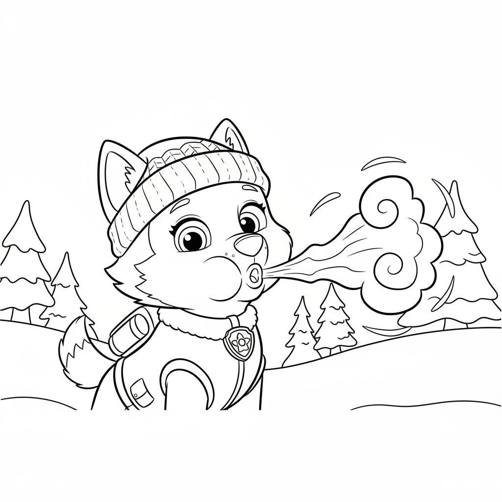 Malvorlage: Everest von Paw Patrol im Winter, bläst kalte Luft, mit Mütze und Halsband, umgeben von Schnee und Tannenbäumen.