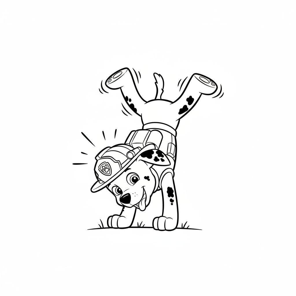 Marshall von Paw Patrol macht einen Handstand auf einer Wiese, trägt Feuerwehrhelm und -weste, lacht und streckt die Zunge heraus.