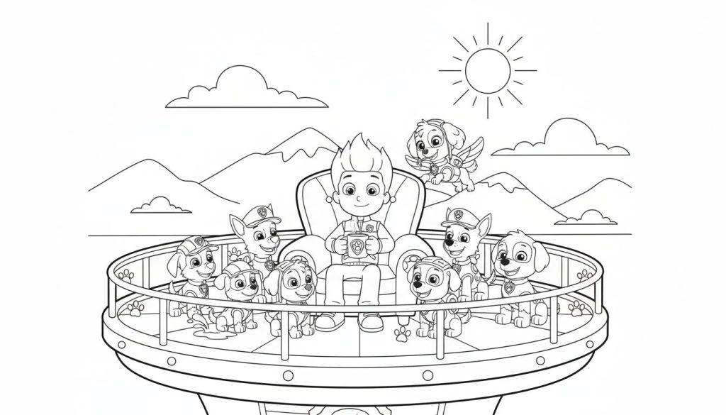 Schwarz-weißes Paw Patrol Ausmalbild: Ryder sitzt in einem Sessel auf einem Schiff, umgeben von acht lachenden Paw Patrol Welpen. Skye fliegt oben rechts. Im Hintergrund Berge und Sonne.
