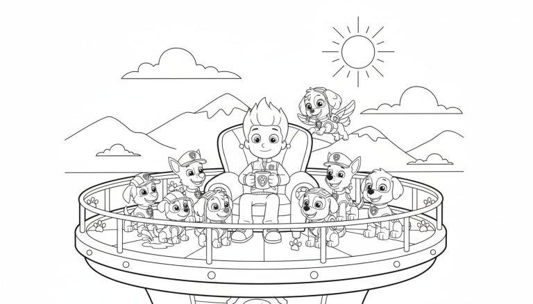 Schwarz-weißes Paw Patrol Ausmalbild: Ryder sitzt in einem Sessel auf einem Schiff, umgeben von acht lachenden Paw Patrol Welpen. Skye fliegt oben rechts. Im Hintergrund Berge und Sonne.