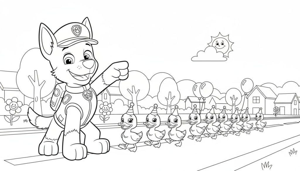 Ausmalbild: Chase von Paw Patrol in Polizeiuniform führt eine Parade fröhlicher Enten mit Partyhüten an, umgeben von Häusern, Bäumen und einer lachenden Sonne.