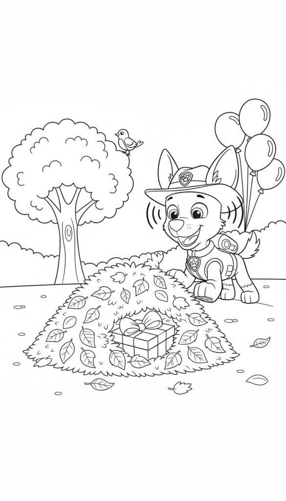 Schwarz-weiß-Ausmalbild von Paw Patrol Charakter Tracker, der lächelnd ein eingepacktes Geschenk mit einer Schleife in einem großen Laubhaufen findet. Im Hintergrund schweben Ballons und links steht ein Herbstbaum mit Blättern und einem kleinen Vogel.