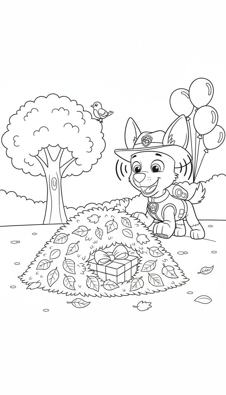 Schwarz-weiß-Ausmalbild von Paw Patrol Charakter Tracker, der lächelnd ein eingepacktes Geschenk mit einer Schleife in einem großen Laubhaufen findet. Im Hintergrund schweben Ballons und links steht ein Herbstbaum mit Blättern und einem kleinen Vogel.