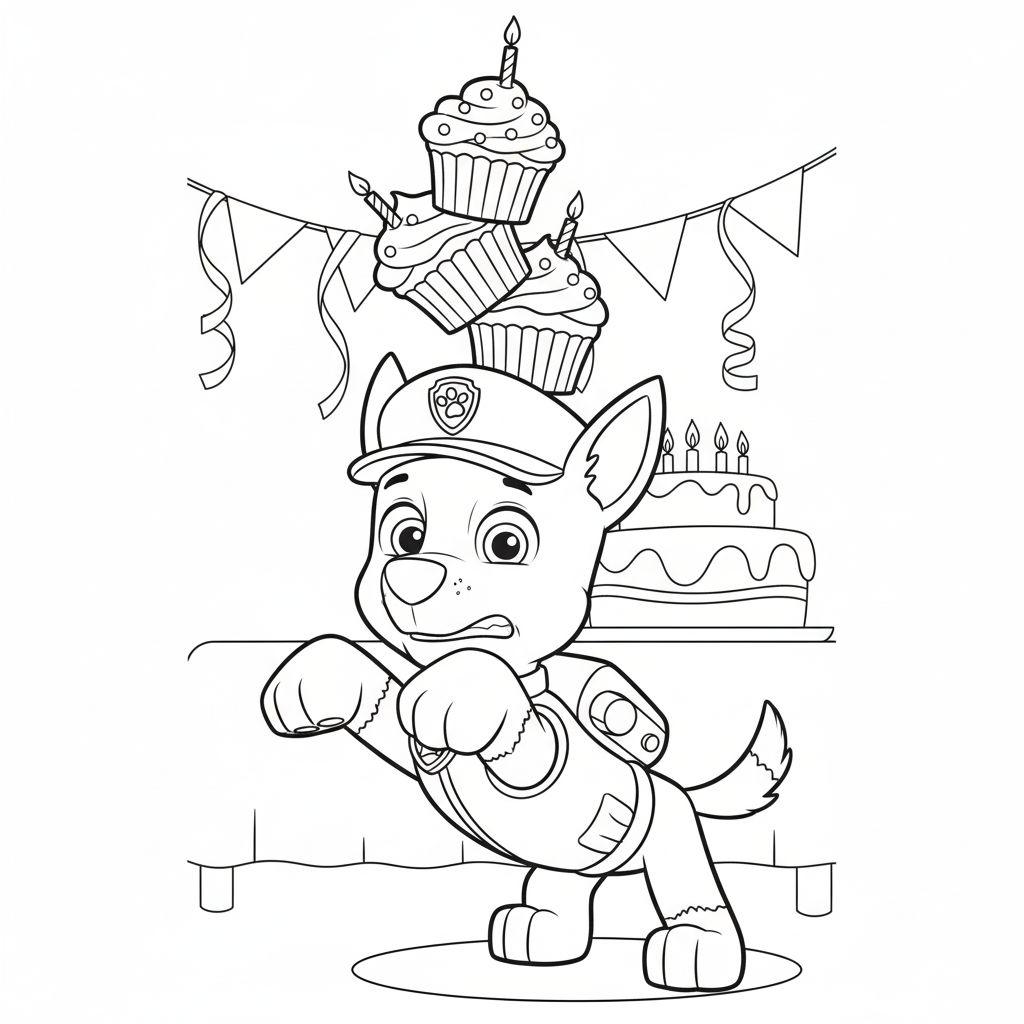 Schwarz-weiße Malvorlage von Chase aus Paw Patrol, der auf den Hinterbeinen steht und drei gestapelte, brennende Cupcakes auf dem Kopf balanciert, mit überraschtem Ausdruck vor einem Geburtstagskuchen und Partydekorationen.