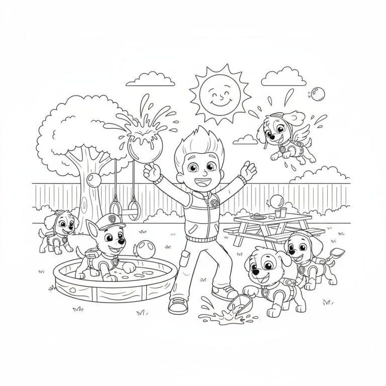 Malvorlage: Ryder und die Paw Patrol Pups (Skye, Chase, Rocky, Zuma, Rubble) spielen im Wasser an einem sonnigen Tag mit Baum, Planschbecken und Picknicktisch.