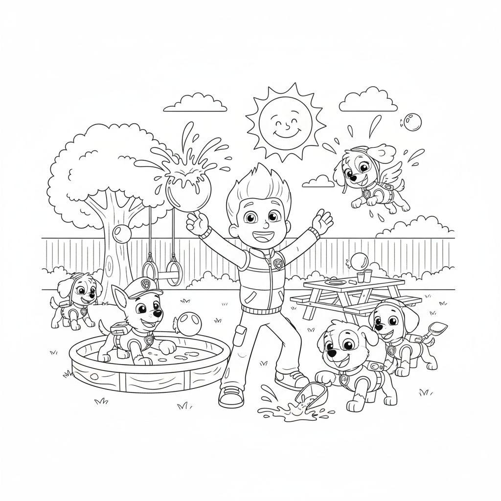 Malvorlage: Ryder und die Paw Patrol Pups (Skye, Chase, Rocky, Zuma, Rubble) spielen im Wasser an einem sonnigen Tag mit Baum, Planschbecken und Picknicktisch.
