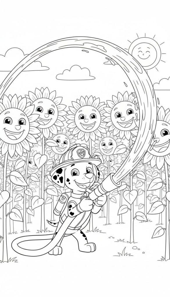 Ausmalbild: Marshall von Paw Patrol spritzt Wasser in einem großen Bogen über ein Feld voller lachender Sonnenblumen unter einer lächelnden Sonne.